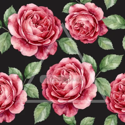 Pink watercolor rose seamless pattern with green leaves on a black background
