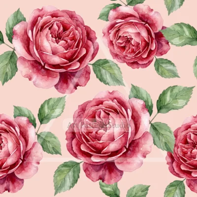 Pink watercolor rose seamless pattern with green leaves on a blush pink background