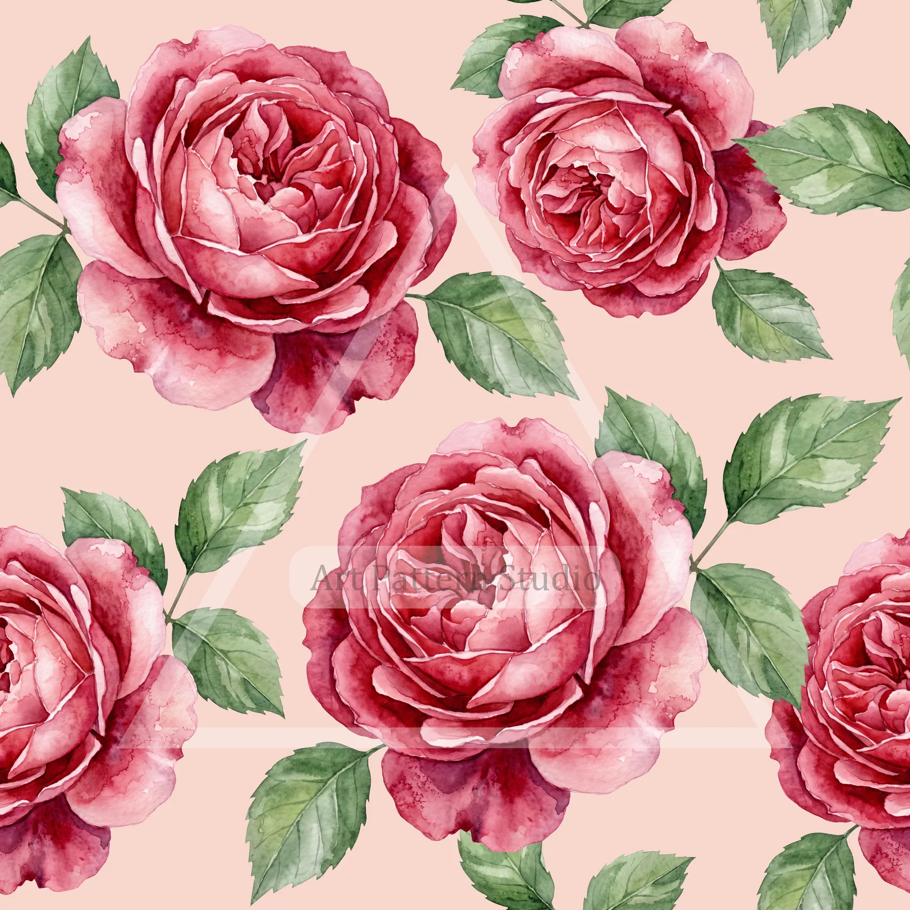 Pink watercolor rose seamless pattern with green leaves on a blush pink background