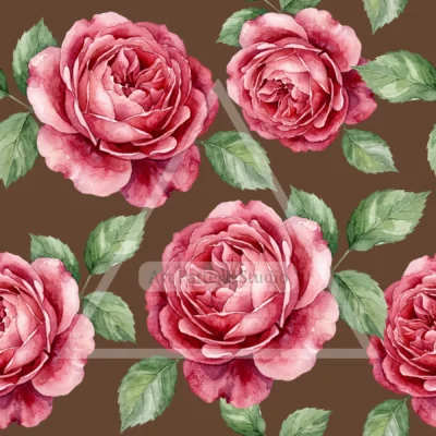 Pink watercolor rose seamless pattern with green leaves on a dark olive background