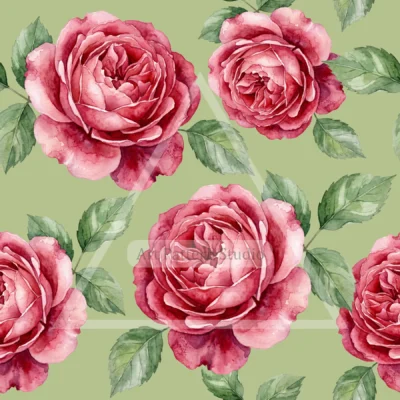 Pink watercolor rose seamless pattern with green leaves on a dusty rose background