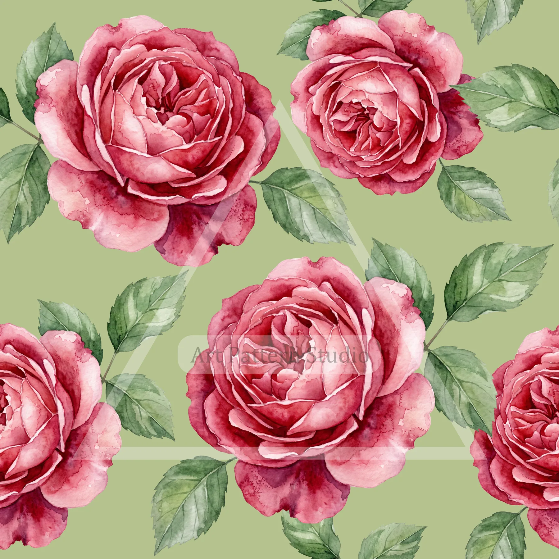 Pink watercolor rose seamless pattern with green leaves on a dusty rose background