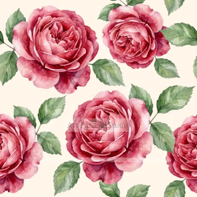 Pink watercolor rose seamless pattern with green leaves on an ivory background