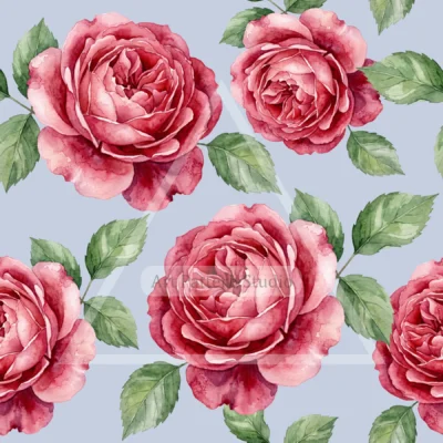 Pink watercolor rose seamless pattern with green leaves on a light blue background