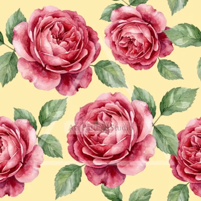 Pink watercolor rose seamless pattern with green leaves on a pale yellow background