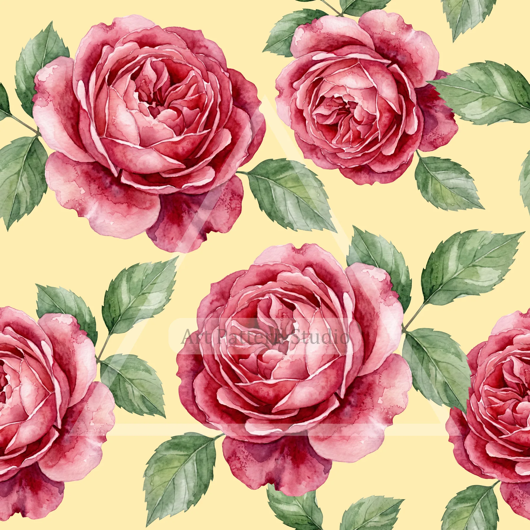 Pink watercolor rose seamless pattern with green leaves on a pale yellow background