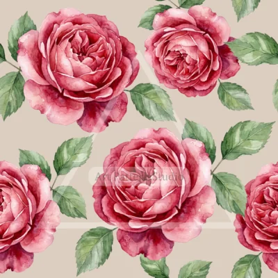 Pink watercolor rose seamless pattern with green leaves on a sage green background