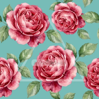 Pink watercolor rose seamless pattern with green leaves on a turquoise background