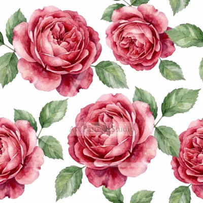 Pink watercolor rose seamless pattern with green leaves on a white background