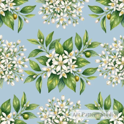 Powder Blue orange blossom botanical illustration seamless pattern with white citrus flowers and green leaves