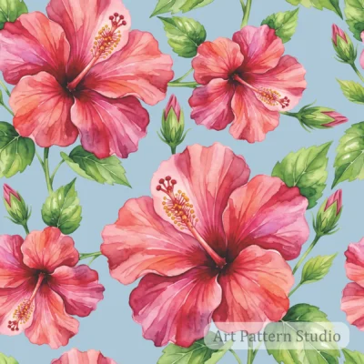 Powder Blue pink hibiscus watercolor illustration seamless pattern with tropical flowers and green leaves