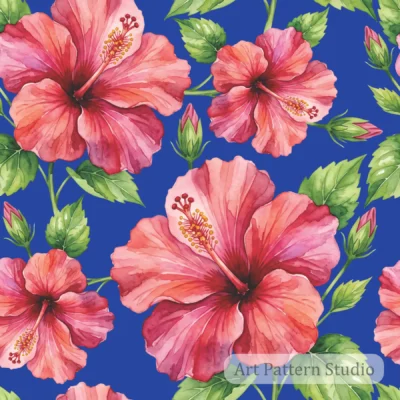 Royal Blue pink hibiscus watercolor illustration seamless pattern with tropical flowers and green leaves