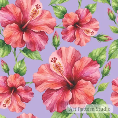 Soft Lilac pink hibiscus watercolor illustration seamless pattern with tropical flowers and green leaves