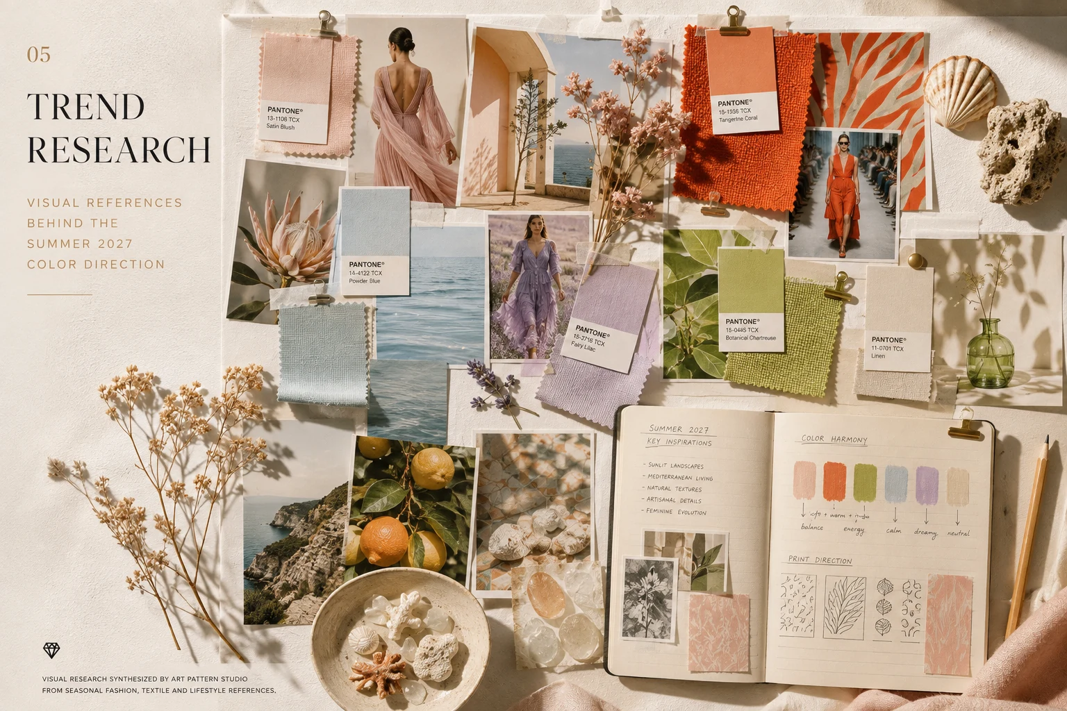 Summer 2027 color trend research moodboard with fashion, fabric, nature and Mediterranean references