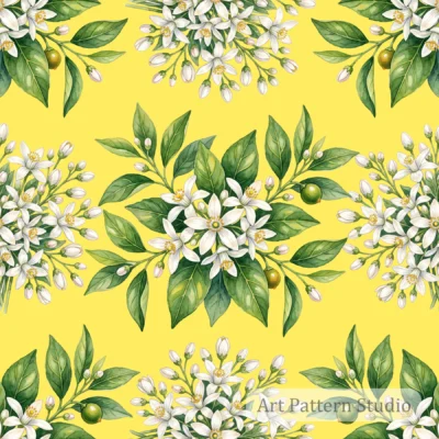 Sunny Yellow orange blossom botanical illustration seamless pattern with white citrus flowers and green leaves