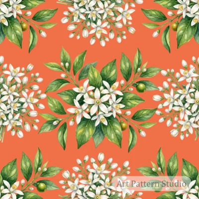 Tangerine orange blossom botanical illustration seamless pattern with white citrus flowers and green leaves