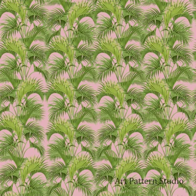 Tropical palm illustration seamless pattern with green leaves on pink background