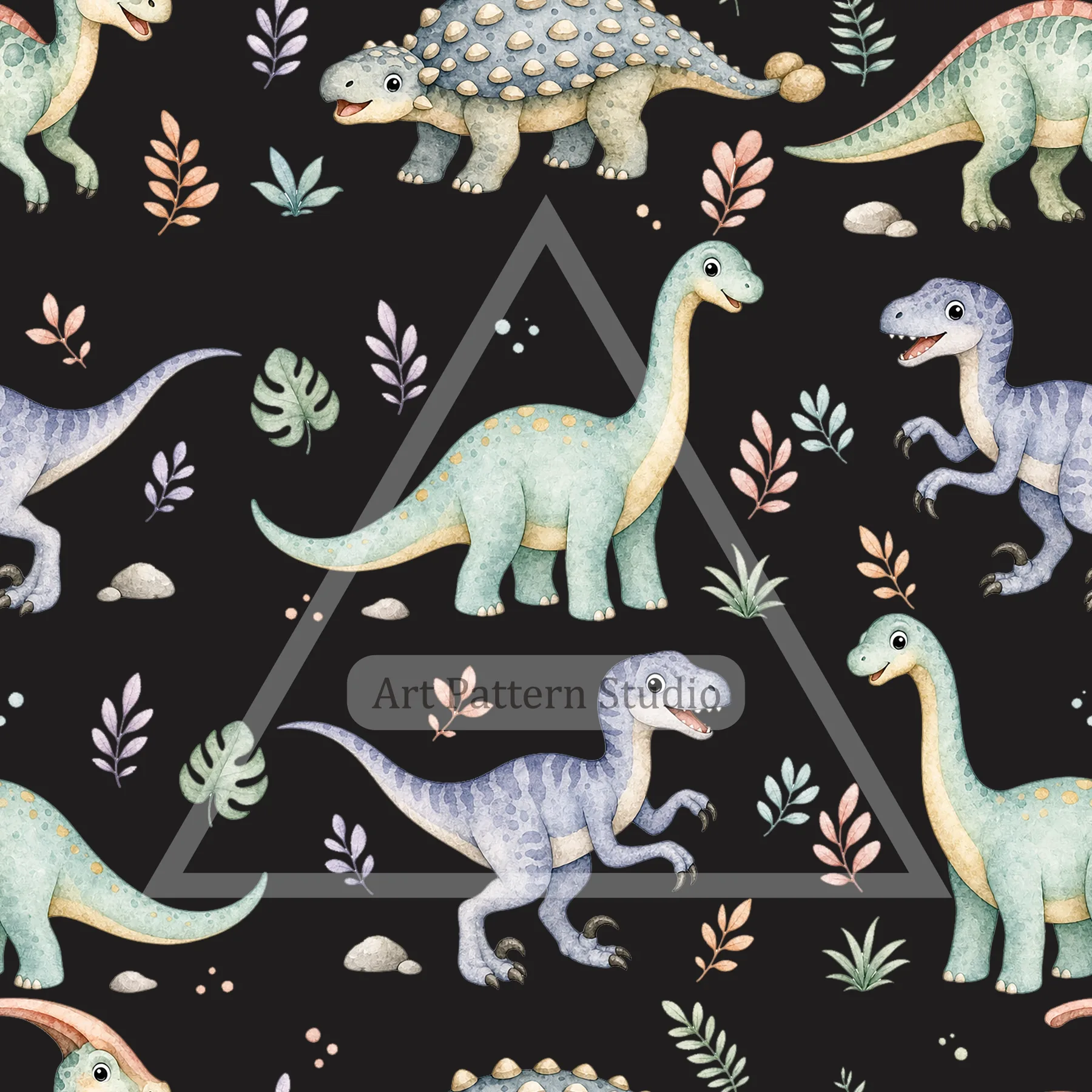 Black watercolor dinosaurs kids seamless pattern for nursery textiles and children's decor