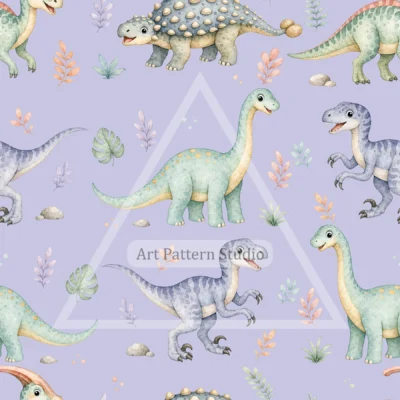 Lavender watercolor dinosaurs kids seamless pattern for nursery textiles and children's decor