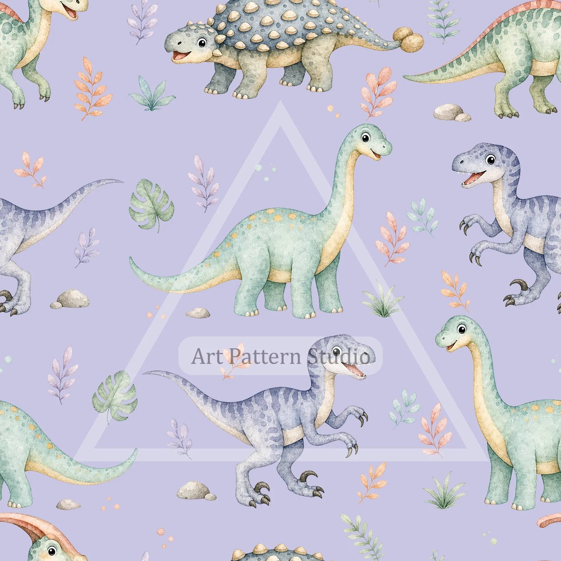 Lavender watercolor dinosaurs kids seamless pattern for nursery textiles and children's decor