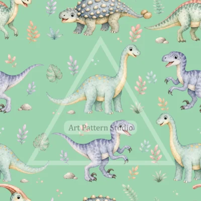 Mint Green watercolor dinosaurs kids seamless pattern for nursery textiles and children's decor