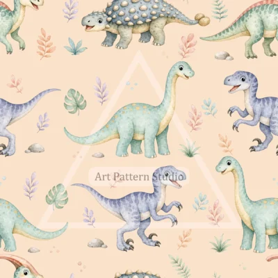 Peach watercolor dinosaurs kids seamless pattern for nursery textiles and children's decor