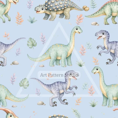 Powder Blue watercolor dinosaurs kids seamless pattern for nursery textiles and children's decor