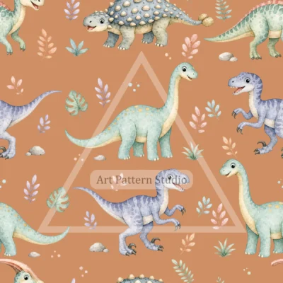 Terracotta watercolor dinosaurs kids seamless pattern for nursery textiles and children's decor