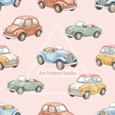 Blush Pink watercolor vintage cars kids seamless pattern for nursery textiles and children's decor