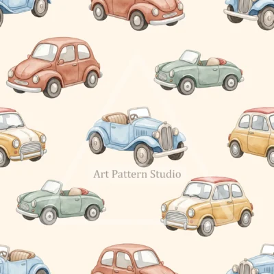 Cream watercolor vintage cars kids seamless pattern for nursery textiles and children's decor