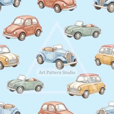 Light Blue watercolor vintage cars kids seamless pattern for nursery textiles and children's decor