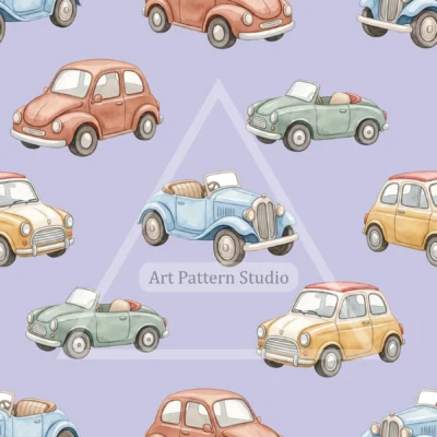 Lilac watercolor vintage cars kids seamless pattern for nursery textiles and children's decor