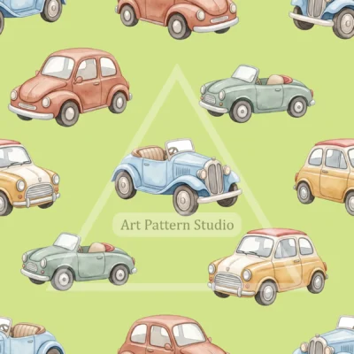 Lime Green watercolor vintage cars kids seamless pattern for nursery textiles and children's decor