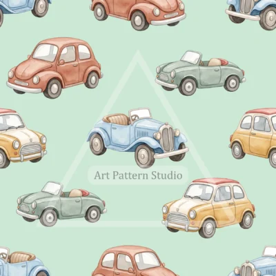 Mint Green watercolor vintage cars kids seamless pattern for nursery textiles and children's decor