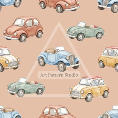 Peach watercolor vintage cars kids seamless pattern for nursery textiles and children's decor