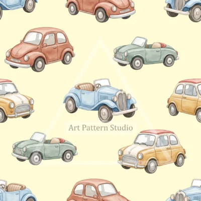 Soft Yellow watercolor vintage cars kids seamless pattern for nursery textiles and children's decor