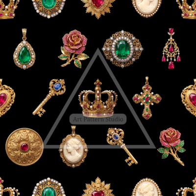 Ornate gold jewelry motifs on a black background, seamless fashion textile pattern by Art Pattern Studio
