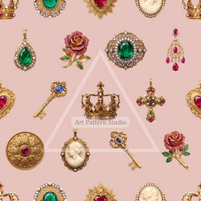 Ornate gold jewelry motifs on a blush pink background, seamless fashion textile pattern by Art Pattern Studio
