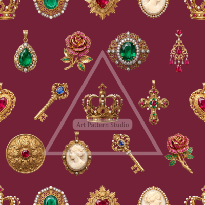 Ornate gold jewelry motifs on a burgundy background, seamless fashion textile pattern by Art Pattern Studio