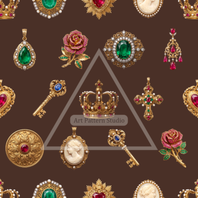 Ornate gold jewelry motifs on a chocolate brown background, seamless fashion textile pattern by Art Pattern Studio