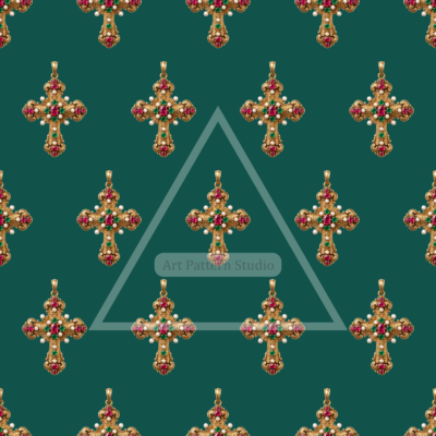 Ornate Jeweled Cross Seamless Pattern - Emerald Green