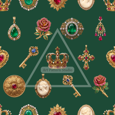 Ornate gold jewelry motifs on a emerald green background, seamless fashion textile pattern by Art Pattern Studio