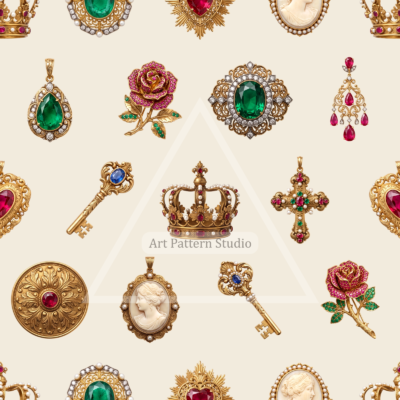 Ornate gold jewelry motifs on a ivory background, seamless fashion textile pattern by Art Pattern Studio