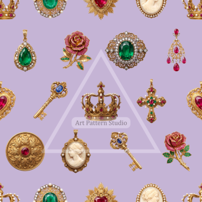 Ornate gold jewelry motifs on a lilac background, seamless fashion textile pattern by Art Pattern Studio