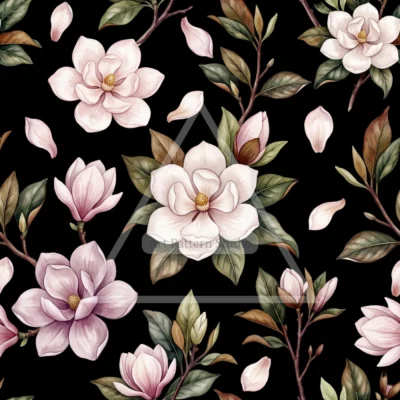 Magnolia Watercolor Seamless Pattern - Black