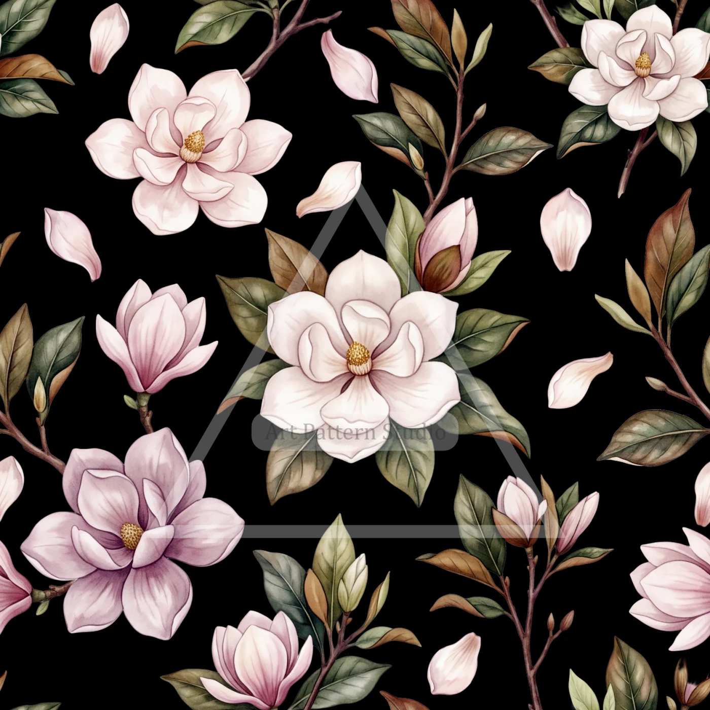 Magnolia Watercolor Seamless Pattern - Black
