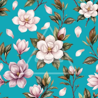 Magnolia Watercolor Seamless Pattern - Turquoise