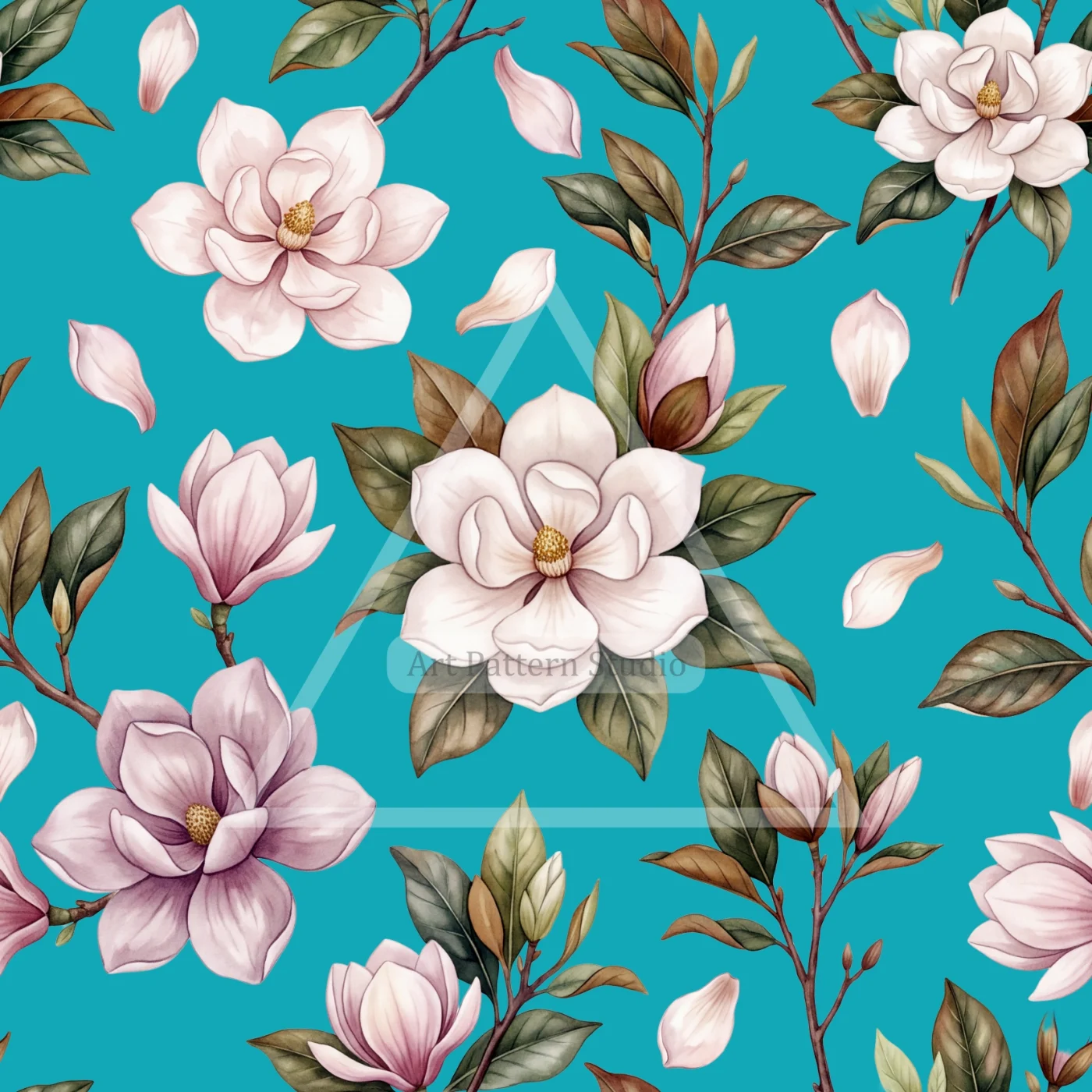 Magnolia Watercolor Seamless Pattern - Turquoise