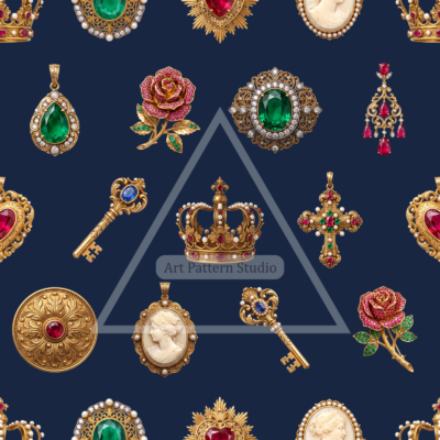 Ornate gold jewelry motifs on a navy blue background, seamless fashion textile pattern by Art Pattern Studio