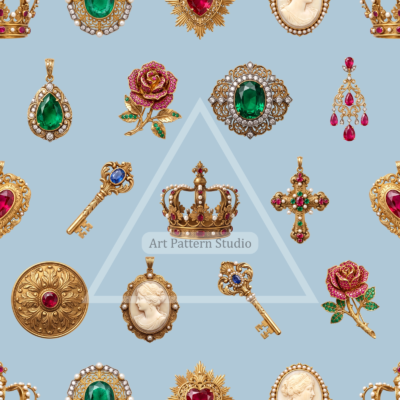 Ornate gold jewelry motifs on a powder blue background, seamless fashion textile pattern by Art Pattern Studio